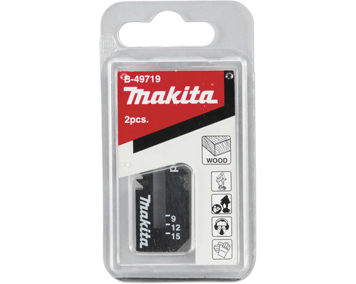 Makita Oszillierer-Sägeblatt-Set B-49719 für Holz, 2 Stück, mit Sicherheitssymbolen für Gehör-, Augen-, Atemschutz und Handschuhe.