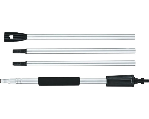 Vierteiliges Verlängerungsrohr-Set aus Aluminium für Reinigungsgeräte mit Handgriff und Steckverbindungen.