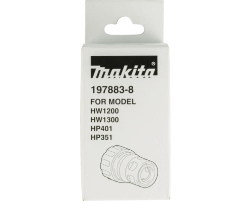 Makita Logo. Zubehörverpackung für Adapter 197883-8, passend für die Modelle HW1200, HW1300, HP401 und HP351.