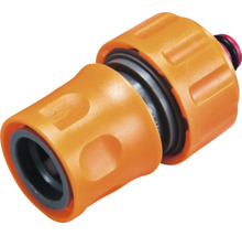 Orangefarbene Schlauchkupplung aus Kunststoff für Garten-Wasserschläuche mit geriffelter Grifffläche.