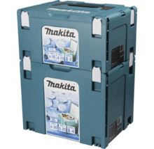 Zwei aufeinandergestapelte Makita Makpac Kühlboxen aus Kunststoff in den Größen 11 Liter und 18 Liter mit weißen Verschlüssen.