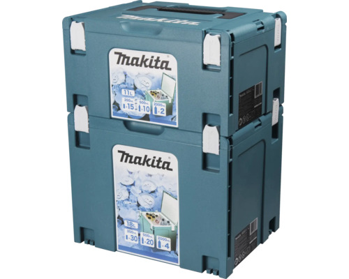 Zwei aufeinandergestapelte Makita Makpac Kühlboxen aus Kunststoff in den Größen 11 Liter und 18 Liter mit weißen Verschlüssen.