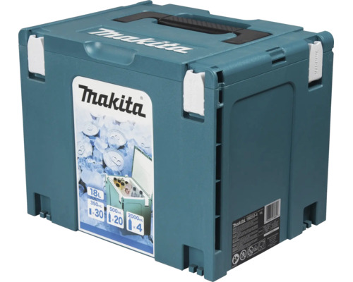 Makita MAKPAC Kühlbox Typ 4 mit 18 Liter Fassungsvermögen, stapelbares Systemgehäuse mit Tragegriff und Makita Logo.