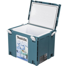 Makita Makpac Kühlbox 18 Liter, geöffnet, mit weißer Isolierung und Stapelverschlüssen.