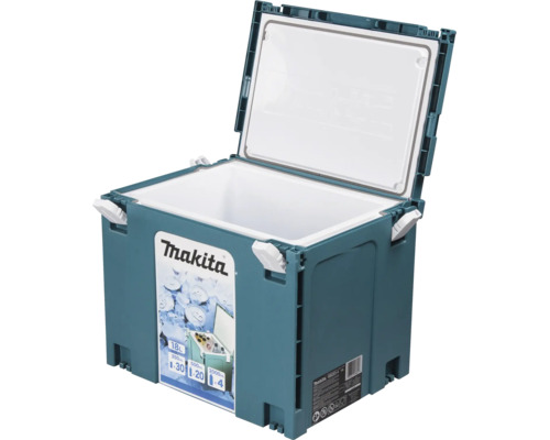 Makita Makpac Kühlbox 18 Liter, geöffnet, mit weißer Isolierung und Stapelverschlüssen.