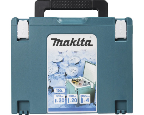 Makita Makpac Kühlbox mit 18 Litern Fassungsvermögen, Tragegriff und Schnappverschlüssen.