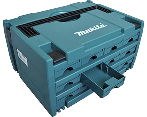 Türkisfarbene Makita MAKPAC Organizer-Box aus Kunststoff mit 12 Schubladen für Kleinteile, eine Schublade ist ausgezogen, Makita Logo.