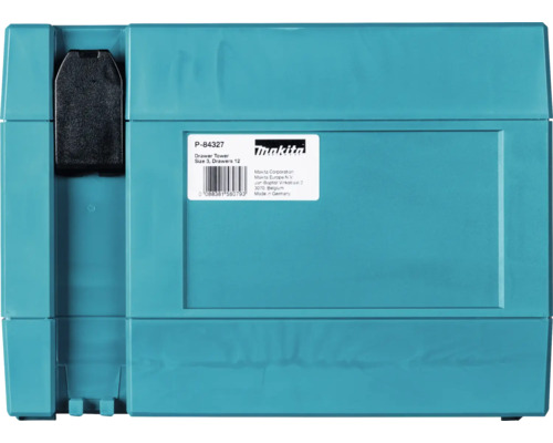 Makita Makpac Schubladenelement Größe 3 mit 12 Schubladen, Seitenansicht mit schwarzem Verschluss und Makita Logo.