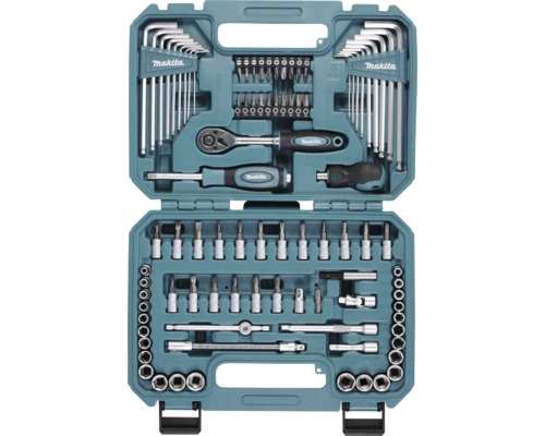 Makita Werkzeugset im Koffer mit Ratschengriff, Schraubendrehergriffen, Bits, Steckschlüsseleinsätzen und Innensechskantschlüsseln.