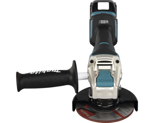 Makita Akku-Winkelschleifer mit X-LOCK-System, bürstenlosem Motor, Metallgetriebekopf und schwarzem Seitengriff.