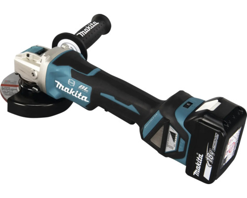Türkis-schwarzer Makita Akku-Winkelschleifer mit bürstenlosem Motor, 18 Volt Lithium-Ionen-Akku und Seitengriff.