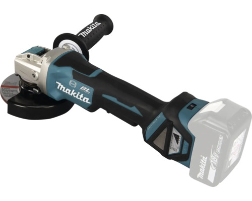 Makita Akku-Winkelschleifer mit bürstenlosem Motor, Seitengriff und 18 Volt Lithium-Ionen Akku.