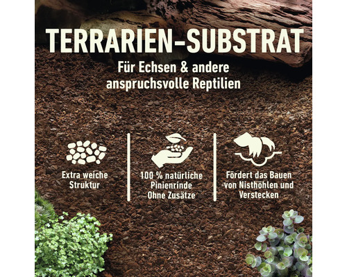 Terrariensubstrat für Echsen und andere Reptilien mit extra weicher Struktur aus natürlicher Pinienrinde ohne Zusätze, fördert den Bau von Nisthöhlen und Verstecken