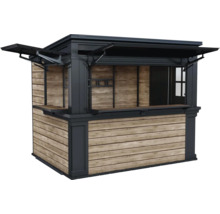 Verkaufsstand aus Holz mit Regalen und aufklappbarem Dach