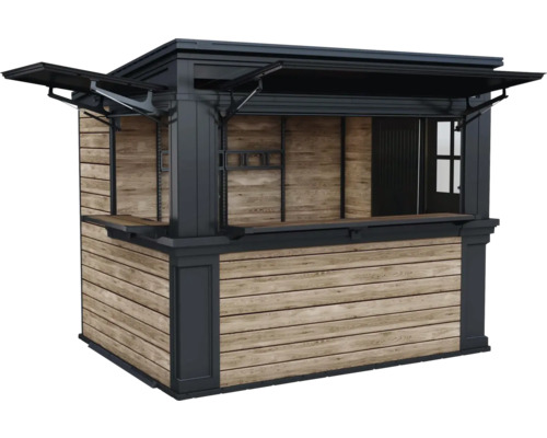 Verkaufsstand aus Holz mit Regalen und aufklappbarem Dach