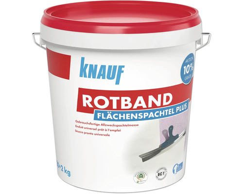 Knauf Rotband Flächenspachtel Plus, gebrauchsfertige Allzweckspachtelmasse im 20 plus 2 Kilogramm Eimer.