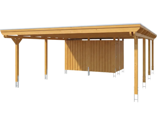 Großer Doppel-Carport aus Holz mit integriertem Abstellraum und Flachdach.