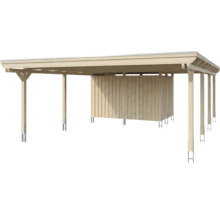 Doppelcarport aus Holz mit integriertem Geräteraum und Flachdach auf Metallankern.