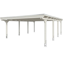 Weißes Holzcarport mit Flachdach und Pfostenankern aus Metall.