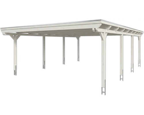 Weißes Holzcarport mit Flachdach und Pfostenankern aus Metall.