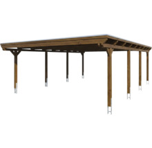 Freistehendes Doppelcarport aus Holz mit Flachdach und acht Pfosten inklusive Metallankern.