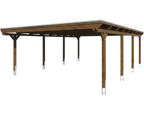 Freistehendes Doppelcarport aus Holz mit Flachdach und acht Pfosten inklusive Metallankern.
