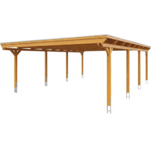 Doppelcarport aus Holz mit Flachdach und stabilen Pfostenträgern aus Metall.