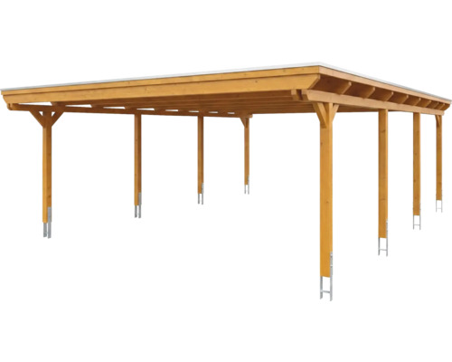 Doppelcarport aus Holz mit Flachdach und stabilen Pfostenträgern aus Metall.