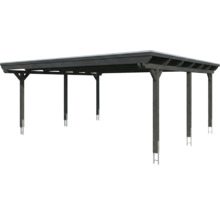 Freistehender Carport aus dunklem Holz mit Flachdach und Pfostenankern aus Metall.