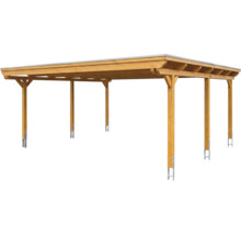 Doppelcarport aus Holz mit Flachdach und sechs Pfosten inklusive Metallankern.