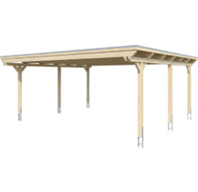 Freistehendes Doppelcarport aus Holz mit Flachdach und sechs Pfosten.