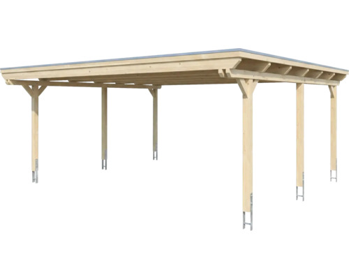 Freistehendes Doppelcarport aus Holz mit Flachdach und sechs Pfosten.