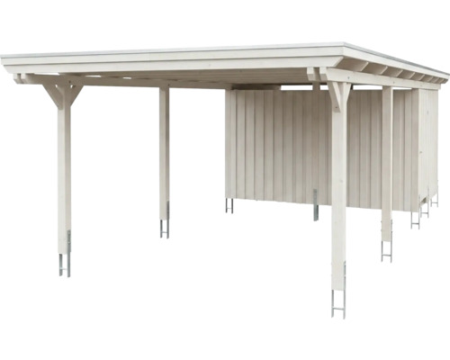 Einzelcarport aus Holz mit integriertem Geräteraum und Flachdach.