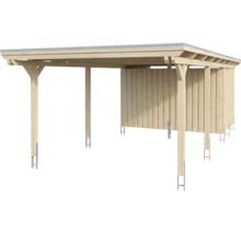 Carport aus Holz mit Geräteraum, Flachdach und Pfostenankern aus Metall.