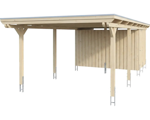 Carport aus Holz mit Geräteraum, Flachdach und Pfostenankern aus Metall.