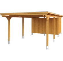 Carport aus Holz mit integriertem Geräteraum und Flachdach, Pfosten mit Metallankern.