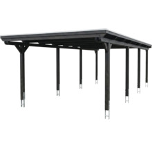 Doppelcarport aus dunklem Holz mit Flachdach und sechs Pfosten inklusive Metallankern.