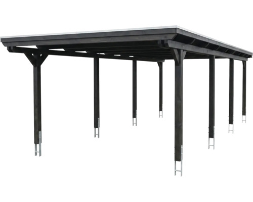 Doppelcarport aus dunklem Holz mit Flachdach und sechs Pfosten inklusive Metallankern.