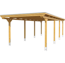 Holz-Carport mit Flachdach und sechs Pfosten auf Metallankern.
