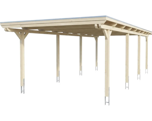Doppelcarport aus Holz mit Flachdach und Pfosten inklusive H-Ankern.