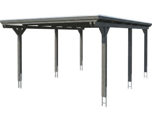 Carport aus Holz mit Flachdach in Anthrazit, sechs Pfosten mit H-Ankern.