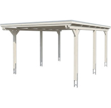 Freistehender Carport aus hellem Holz mit Flachdach und sechs Pfosten mit Bodenankern.