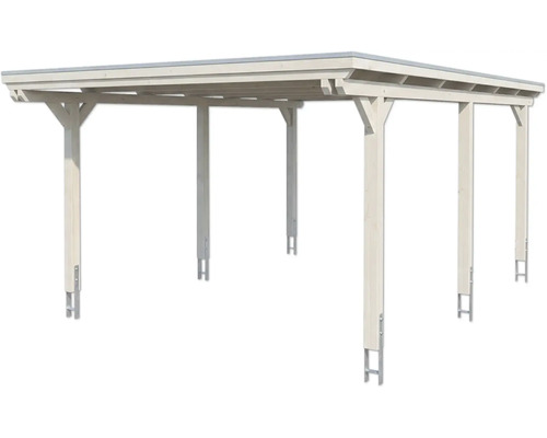 Freistehender Carport aus hellem Holz mit Flachdach und sechs Pfosten mit Bodenankern.