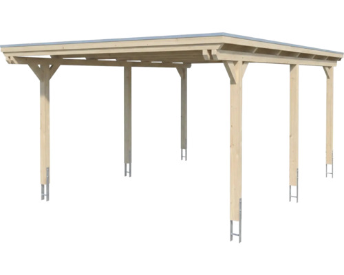 Carport aus Holz mit Flachdach und sechs Pfosten inklusive H-Ankern zur Bodenbefestigung.