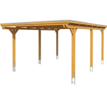 Carport aus Holz mit Flachdach und sechs Pfosten inklusive H-Ankern zur Bodenbefestigung.