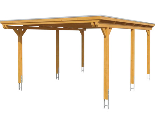 Carport aus Holz mit Flachdach und sechs Pfosten inklusive H-Ankern zur Bodenbefestigung.