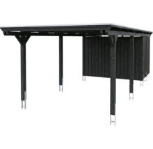 Carport aus anthrazitfarbenem Holz mit integriertem Geräteraum, Flachdach und Pfostenankern aus Metall.