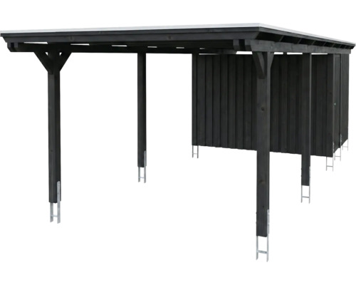 Carport aus anthrazitfarbenem Holz mit integriertem Geräteraum, Flachdach und Pfostenankern aus Metall.