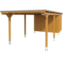Einzelcarport aus Holz mit integriertem Geräteraum, Flachdach und Pfostenankern.