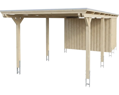 Carport aus Holz mit integriertem Geräteraum und Flachdach
